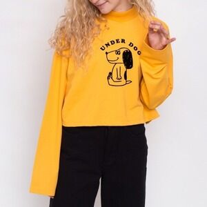Lazy Oaf Underdog Long Sleeve Top | Oversized Cropped Mock Neck Mustard Yellow M